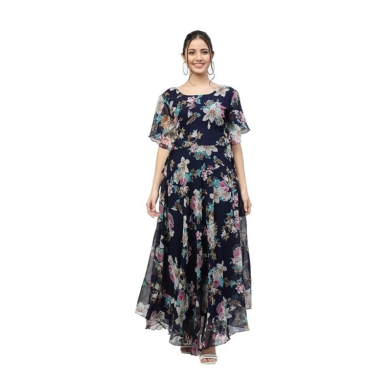 Women's Georgette Navy Blue Fit and Flare Dress | Dress for Women | One Piece Dress for Women Women's Georgette Navy Blue Fit and Flare Dress | Dress for Women | One Piece Dress for Women